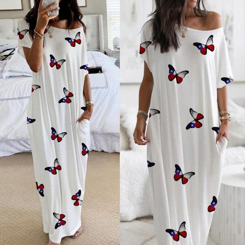 

Amazon Fashion Style Fashion Elegant Women s Butterfly Print Short Sleeve and Long Pattern Pure Color Dress Trendy White S