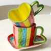 Hand-Painted Rainbow Striped Coffee Cup and Saucer Ceramic Heart-Shaped Mug for Afternoon Tea Flower Tea Home Breakfast Milk Mug