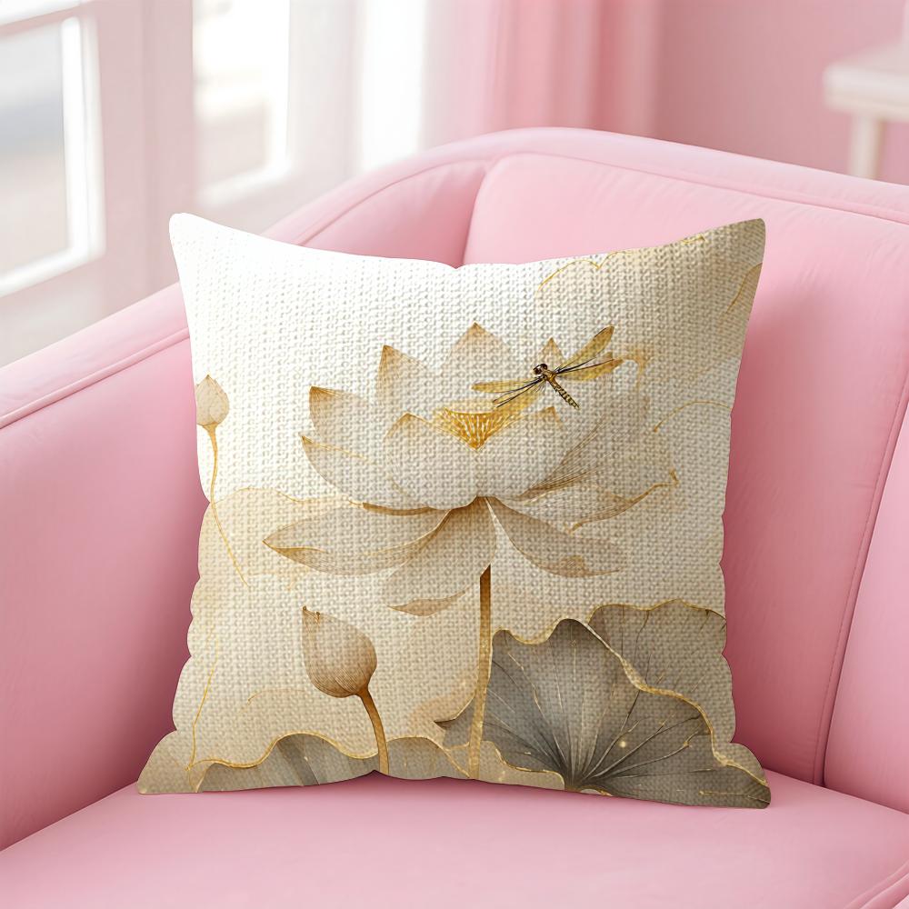 Golden Lotus Luxury Cushion Cover Natural Linen Pillow Case DoubleSided Print Decorative Sofa Pillowcase Home Decor Gift