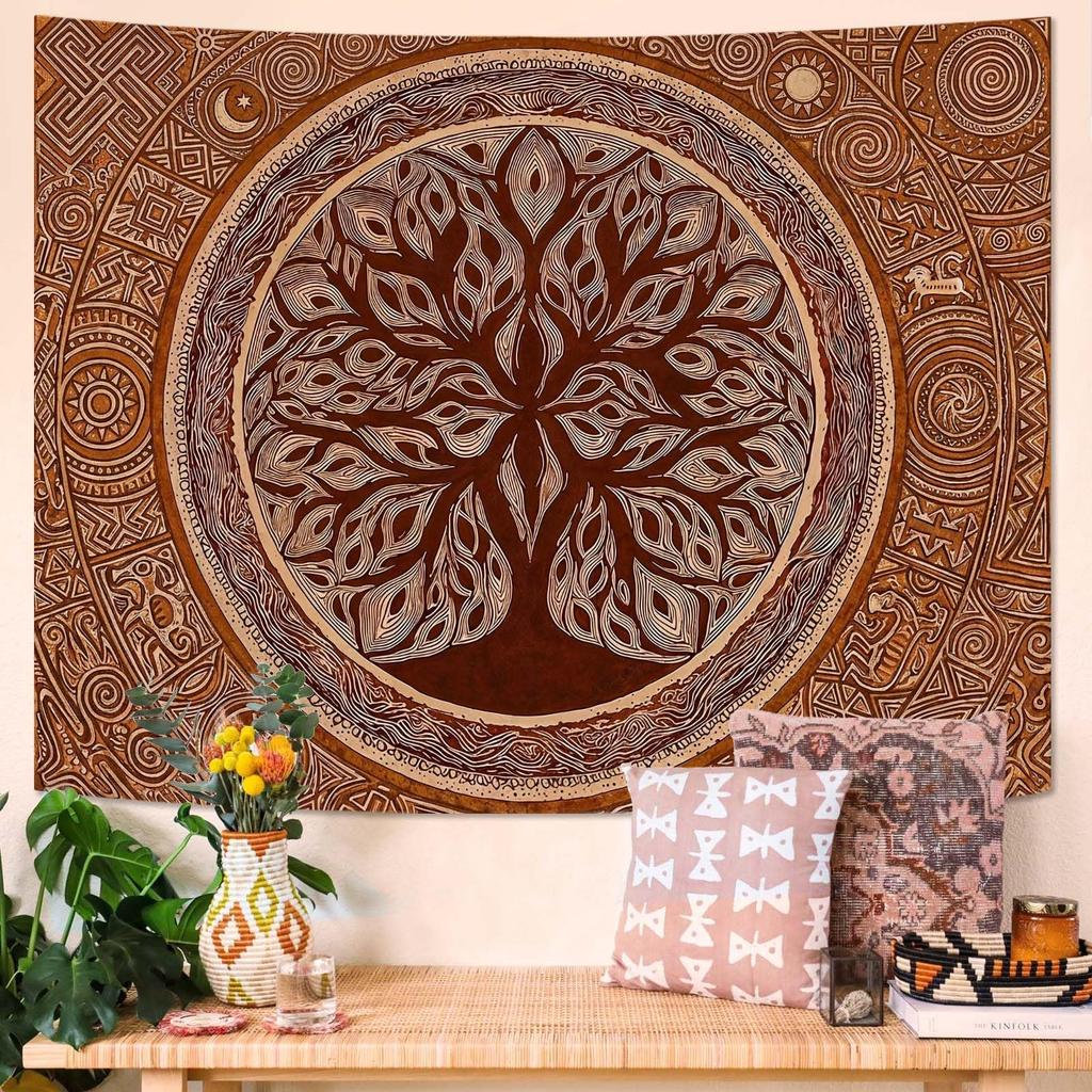 Black & Gold Mandala Tapestry, Elegant Wall Hanging with Intricate Golden Floral Pattern On Black Background, for Bedroom Decor