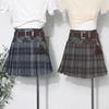 Vintage Plaid High-Waisted Wool A-Line Skirt with Belt, Anti-Exposure College Style