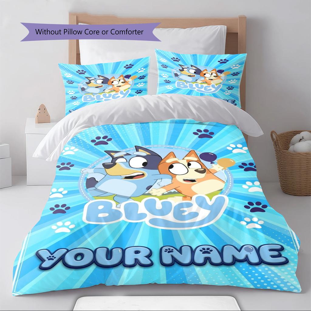 Name Custom Bluey Cartoon Pattern Bedding Set Quilt Cover Pillowcase Home Decor Gift (1 * duvet cover + 2 * pillowcase, without core)