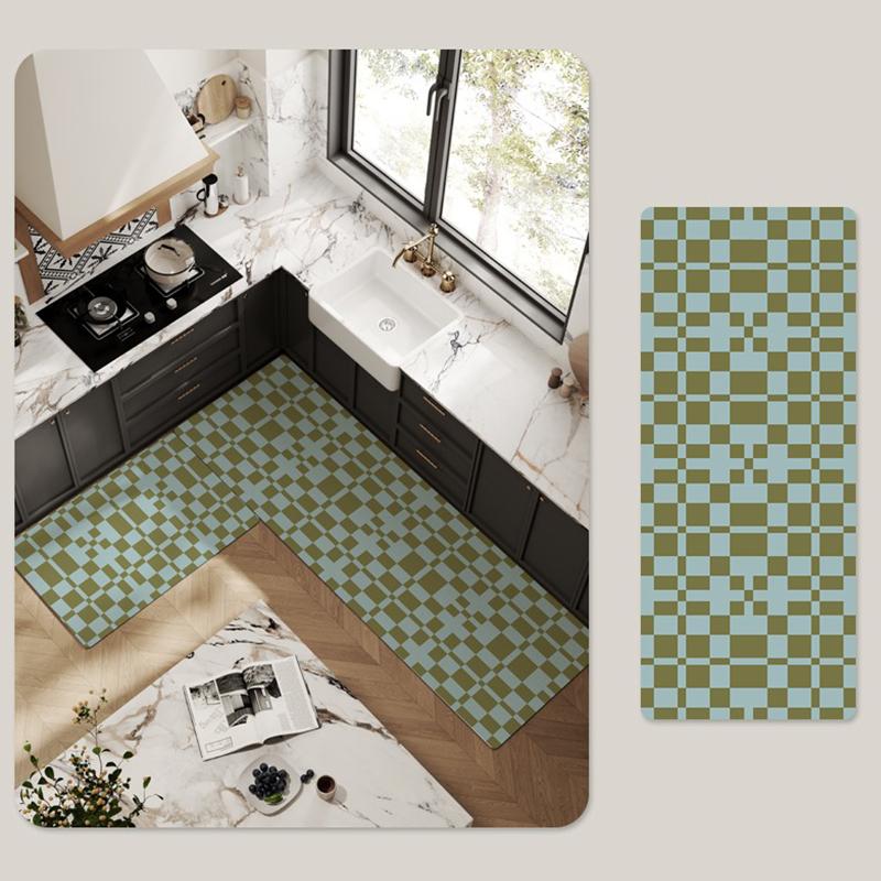 Kitchen Floor Mat Non-slip Waterproof Oil-proof Carpet PVC Leather Lattice Geometric Pattern Rug Long Ruler Home Decoration Mats