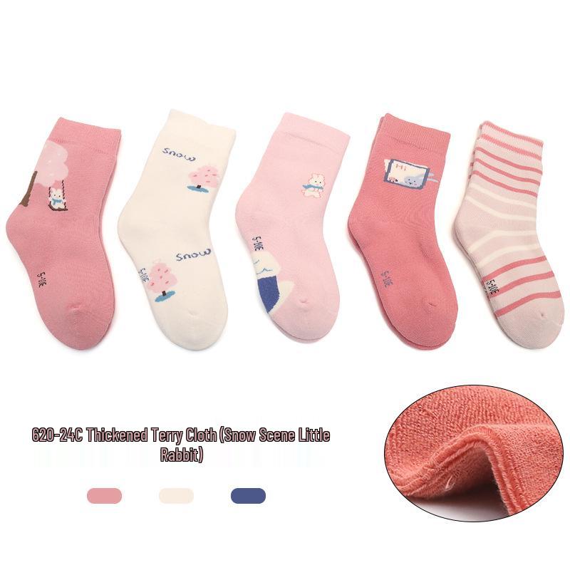 

5-Pack Six-Finger Furry Loop Winter Socks: Thick Plush Rabbit Girl Mid-Calf Socks with Combed Cotton and Fleece 3-5 Years (Shoe Size 22-27)