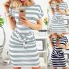 Women's Casual Short Sleeve Dress Striped Pattern Round Neck Tie Waist Relaxed Fit Knee Length Summer Dress for Everyday Wear