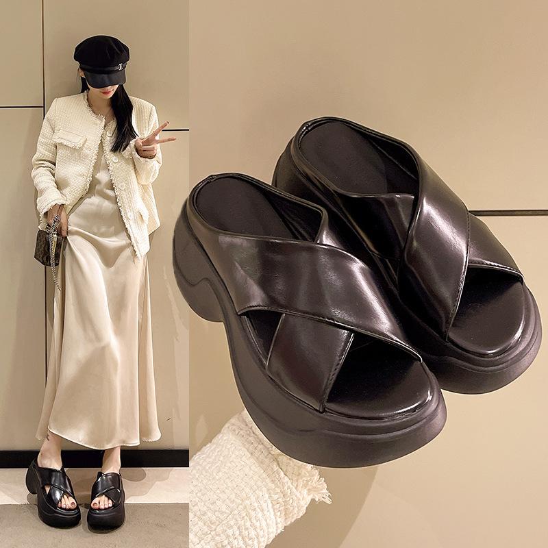 New thick bottom with skirt, going out with advanced super fire heightening sense 2025 slope heel sandals slippers women's summer outside French style