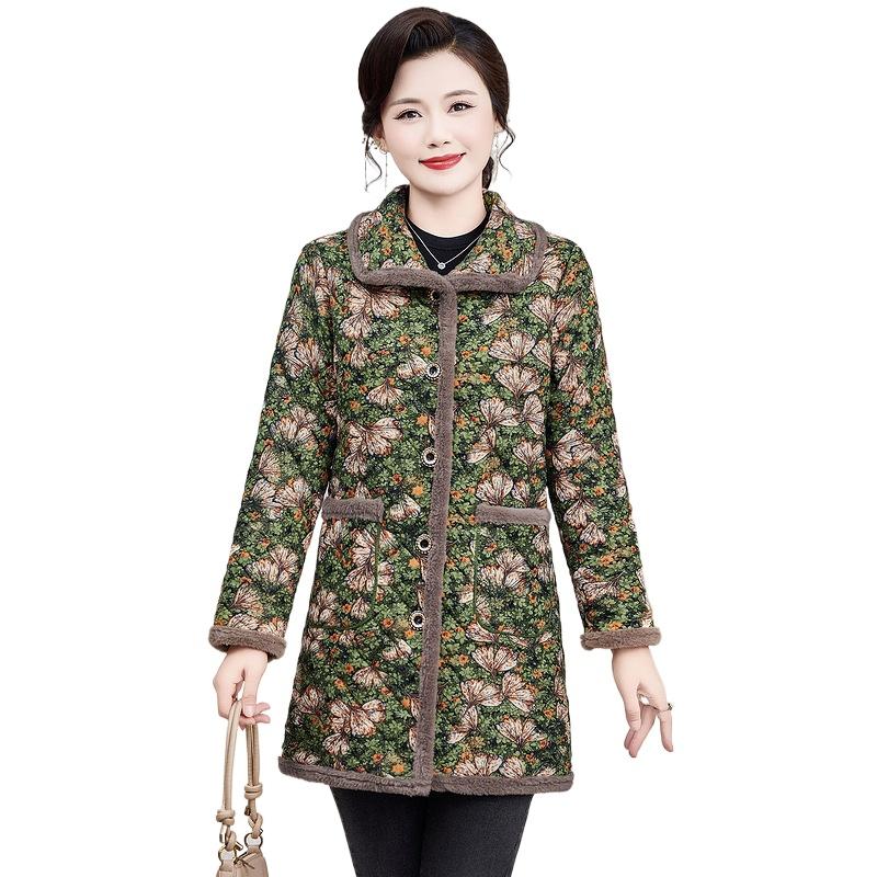 Women's Winter Clothing New Middle Aged and Elderly Cotton Jacket with Velvet and Cotton Warmth Top Coat Medium Length Cotton Jacket