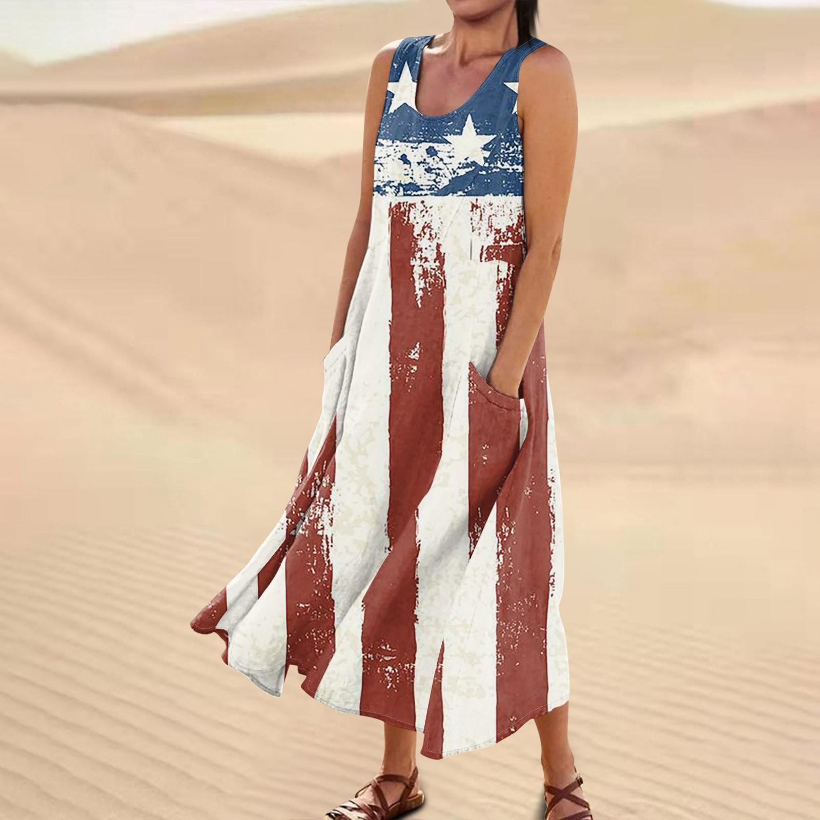 

Женское повседневное удобное хлопковое платье с карманами без рукавов и принтом ко Дню независимости XXL