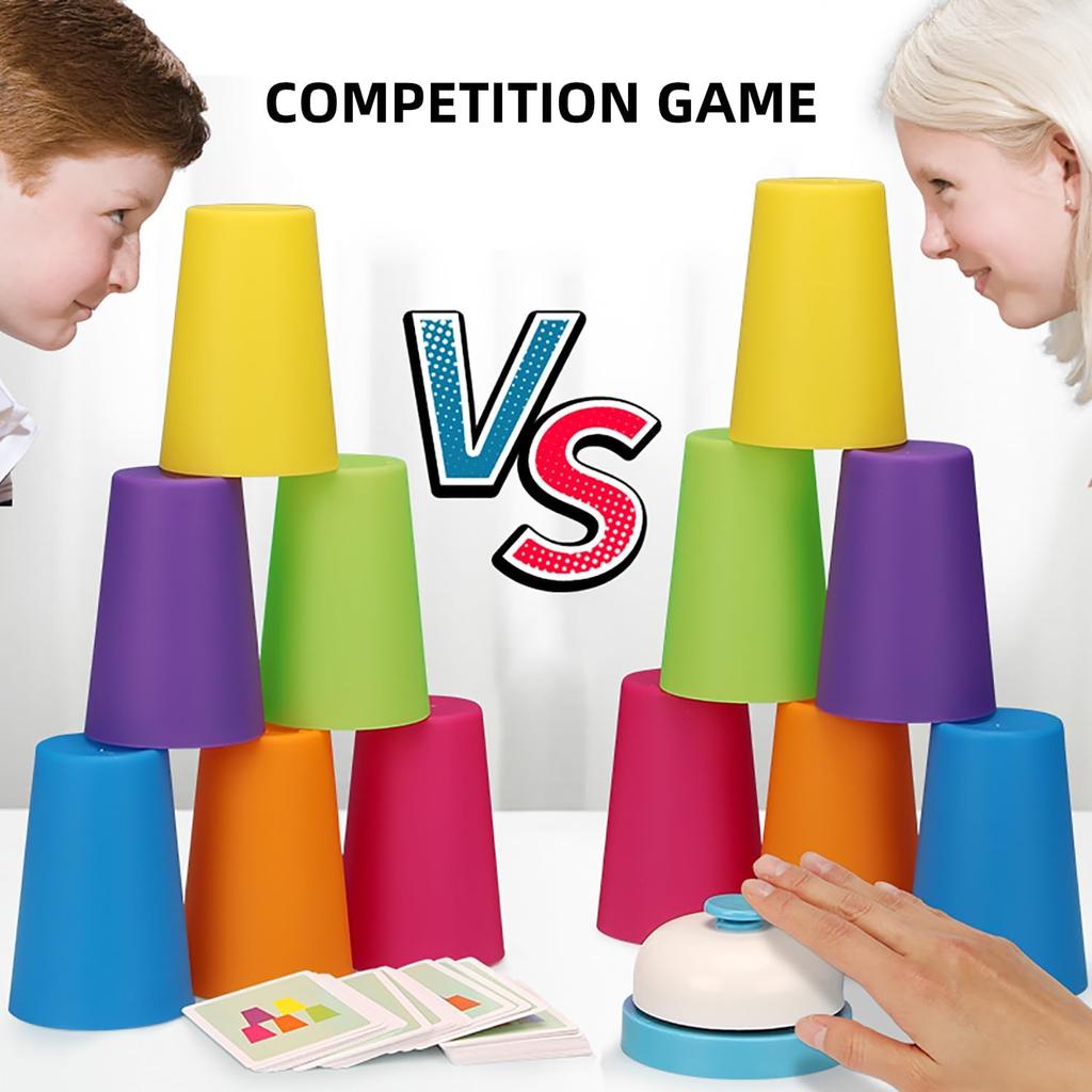 12 Cups Stacking Tower Game Set with 54 Cards 1 Bell - Color Sorting Cognitive Training Tabletop Interactive Toy for Puzzle Comp