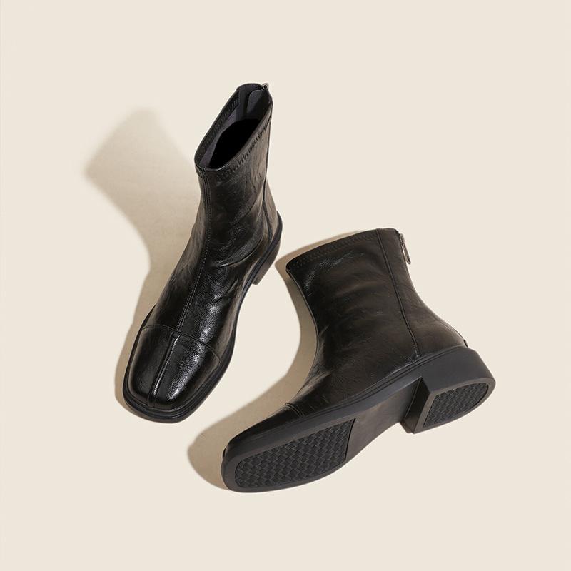 Washed Cowhide~ British Folded Chelsea Boots Brown Fleece Martin Boots Women's Early Autumn Short Boots Skinny Boots