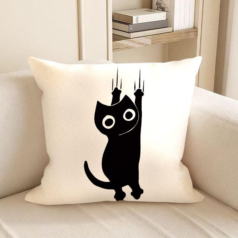 Cute Black Cat Cartoon Throw Pillow Cover - Minimalist Animal Home Decor