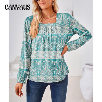Spring and Autumn Women's Blouse Square Neck Ruffle Jacquard Long Sleeve Loose T-shirt Tops
