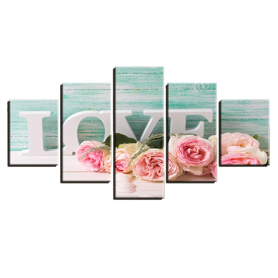 

Настенные картины на холсте, 5 шт., картины с буквами «Любовь и розовые розы», романтический модульный декор для украшения гостиной, без рамки 20x35cm*2 20x45cm*2 20x55cm*1