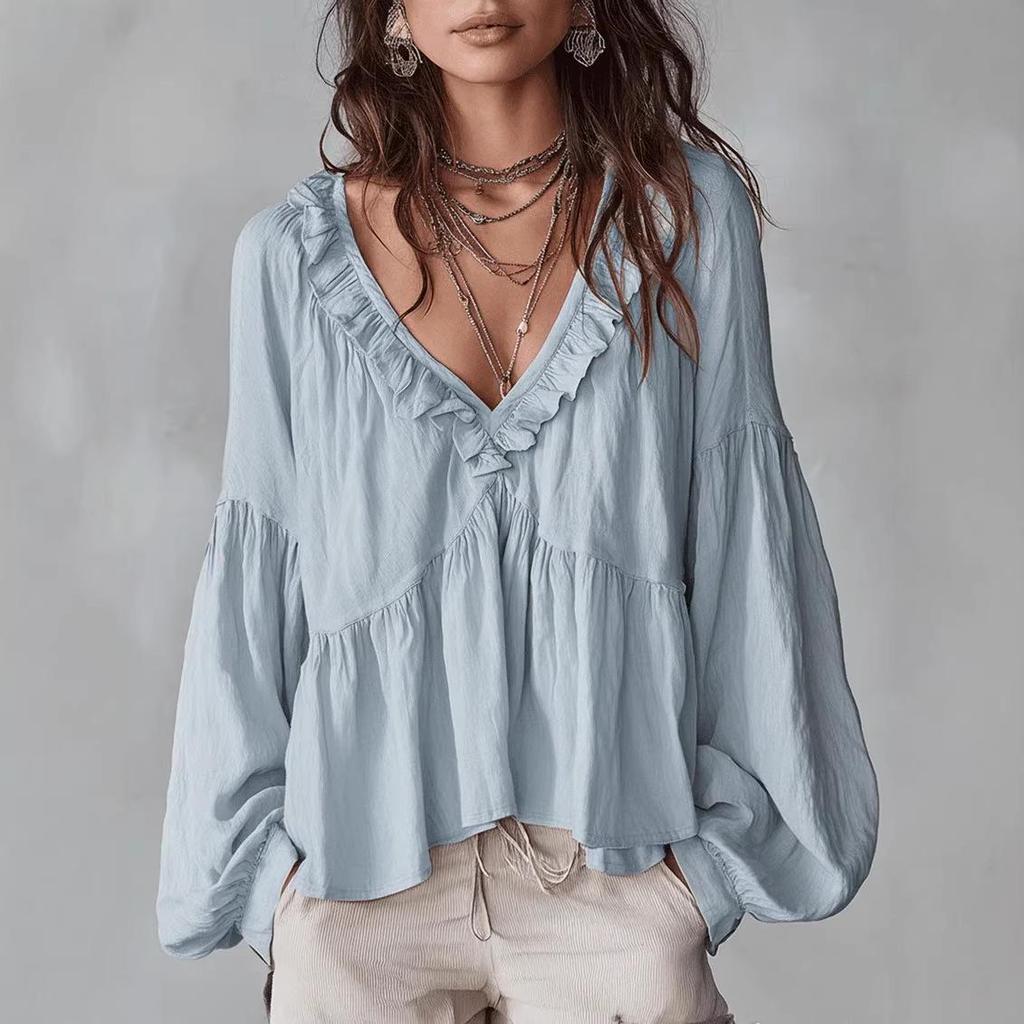 2026 Spring/Summer European & American Casual Ruffle Puff Sleeve Pleated Top