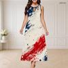 Women Plus Size Round Neck Triple Keyhole Cutout Sleeveless Printed Red Blue Beige Long Dress