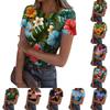 Damen Lässiges Mode-Oberteil mit Rundhalsausschnitt, Hawaiianischem Print, Kurzen Ärmeln und Rippstruktur