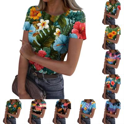 Women's Casual Fashion Round Neck Hawaiian Print Short Sleeve Ribbed Top