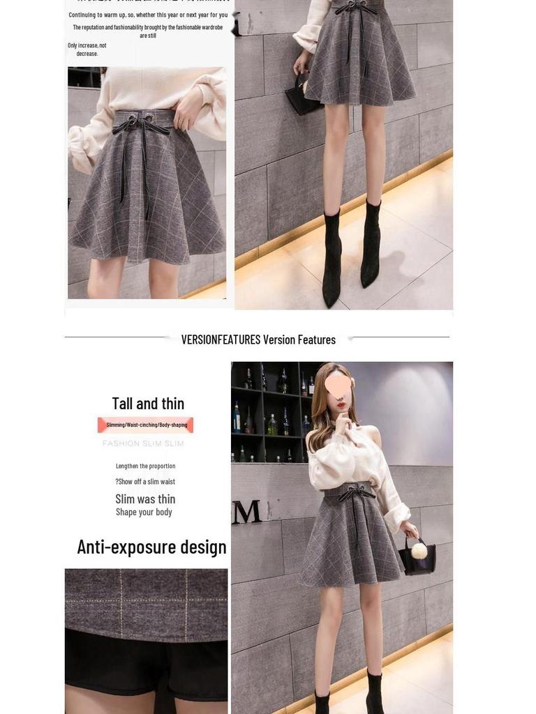 Fustă A-line cu talie înaltă din lână cu carouri pentru femei - Toamnă/Iarnă 2025 Stil coreean Fustă umbrelă