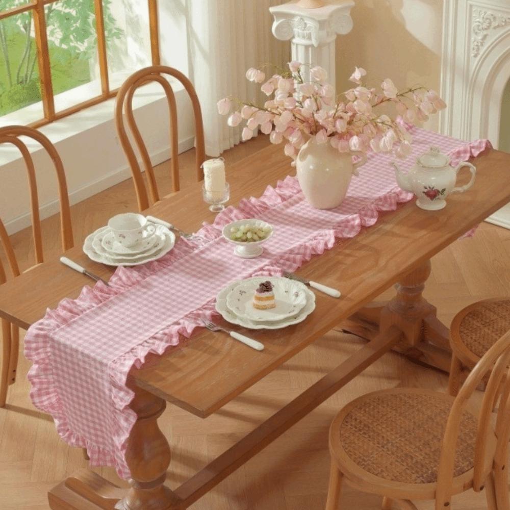 Rustic Style Ruffled Edge Table Runner Solid Color Rectangular Dinning Table Runner Anti Slip Washed Cotton Tables Cover