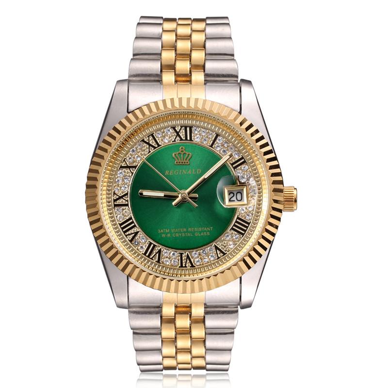 Original New REGINALD Quartz Watch Men 18k Yellow Gold Fluted Bezel Pearl Diamond Dial Full Stainless Steel Luminous Clock