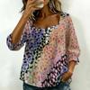 Women Square Neck Blouse White Black Ink Floral Print Ruffle Three Quarter Sleeve Shirt