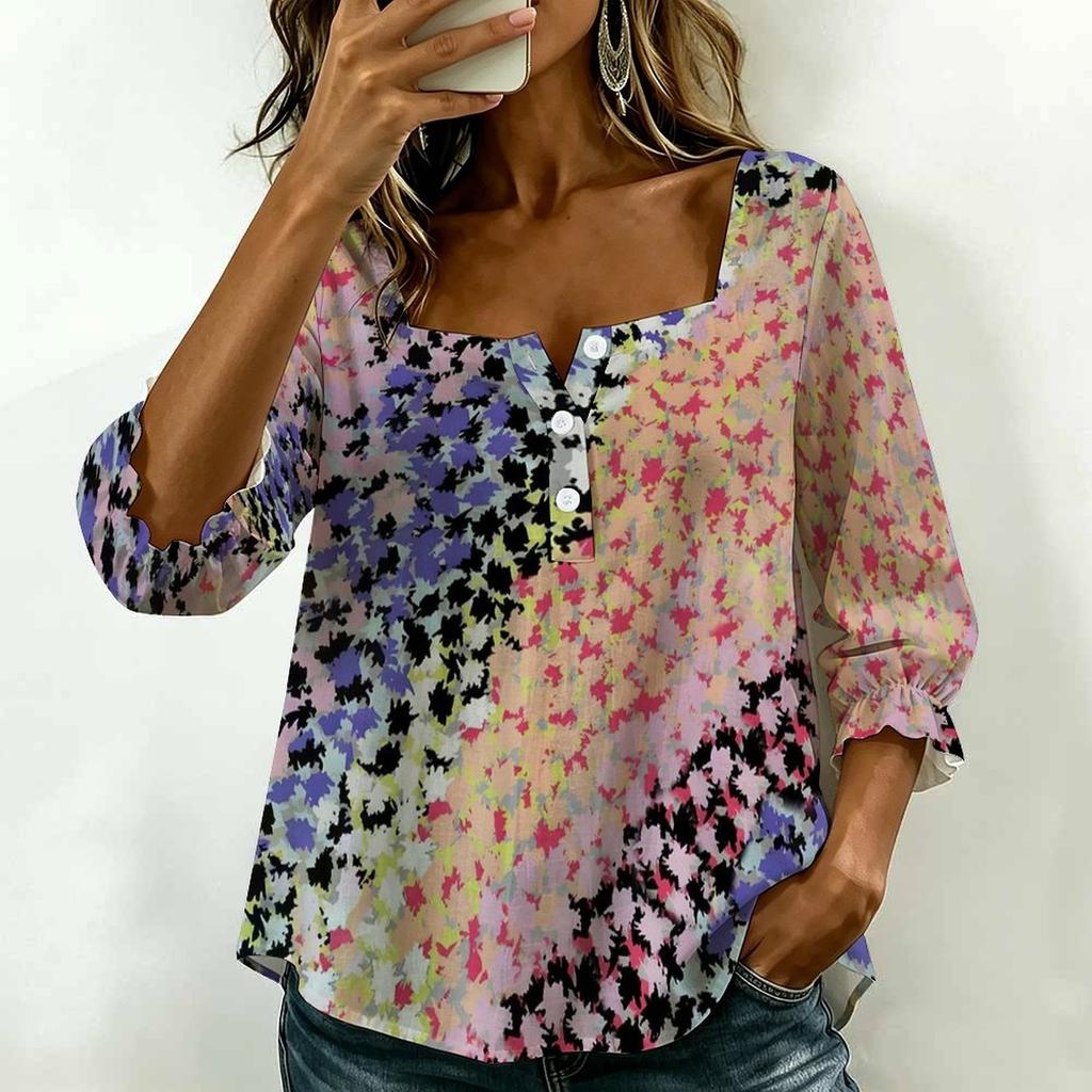 Women Square Neck Blouse White Black Ink Floral Print Ruffle Three Quarter Sleeve Shirt