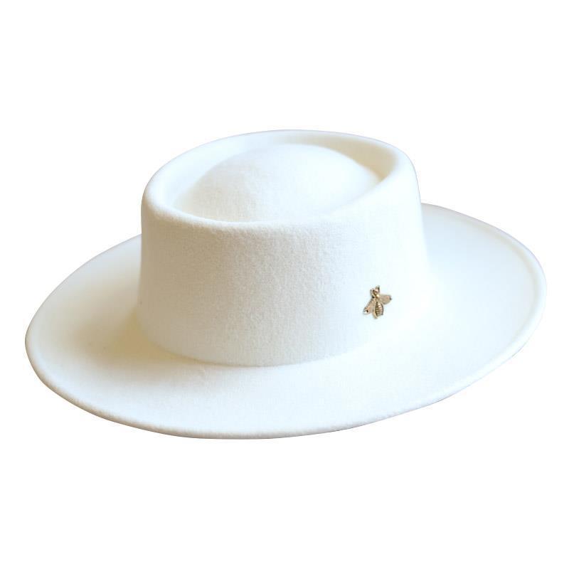Bee pure wool wide brim concave top hat women's fashion retro British style jazz hat women's autumn and winter