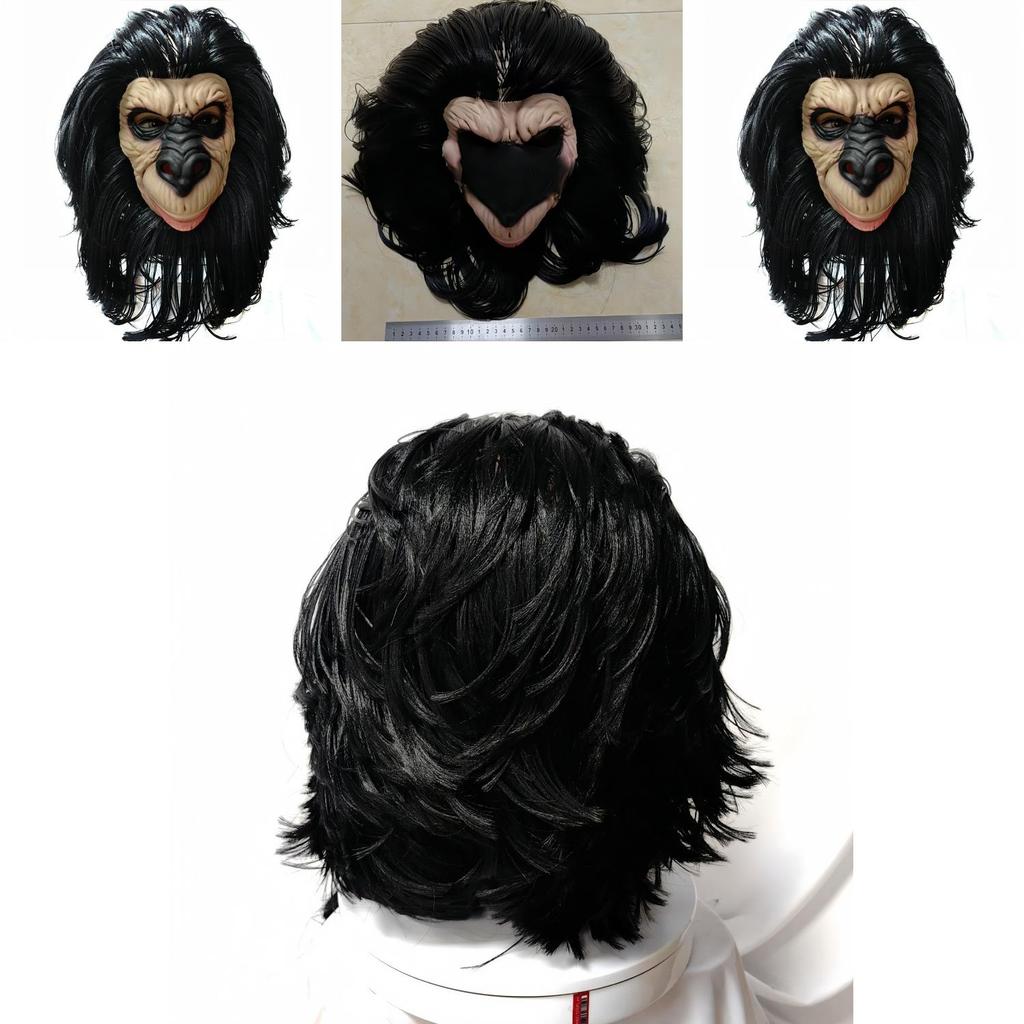Latex Schwarzes Langes Haar Affenkopfmaske Für Halloween-Kostüme Und Party-Rollenspiel