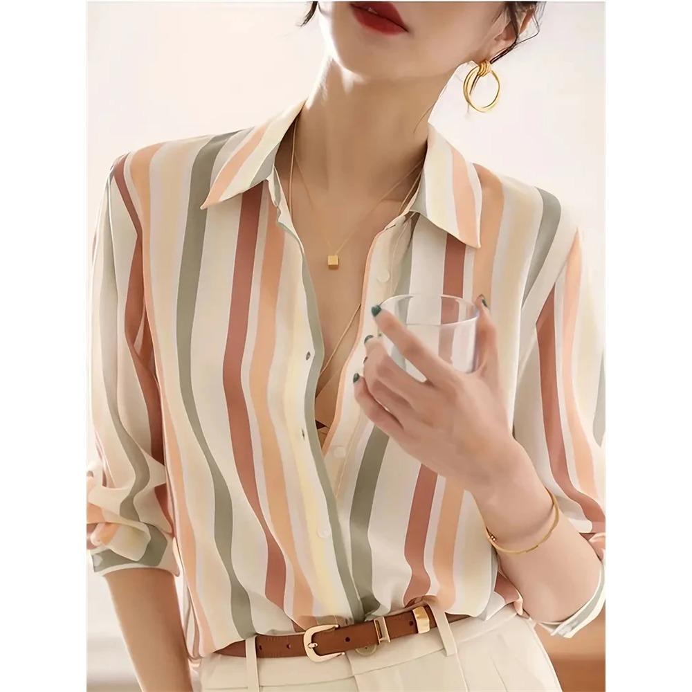 Fashion Luxury Women's Shirts Tops Texture Striped Print Women's Shirts Spring New Long Sleeve Women Business Office Shirt