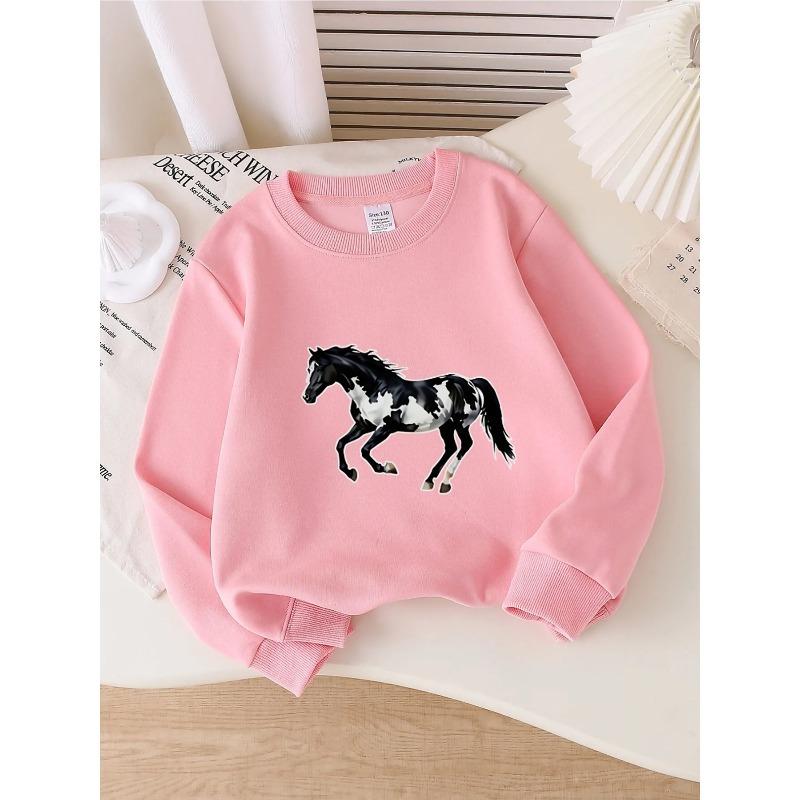 Taglie Europee Felpa Girocollo Bambino - Stampa Fantasia Cavalli Bianco e Nero, Abbigliamento Sportivo e Casual, Morbida e Confortevole, Abbigliamento per Bambini