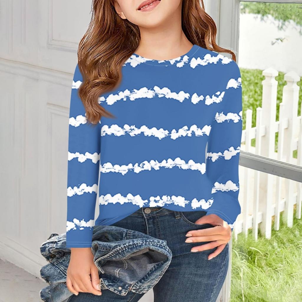 New Loose Round Neck Long Sleeve Tie Dye Striped Style Children T-Shirt Autumn Plus Size Female Fashion Casual Tee Top Clothing