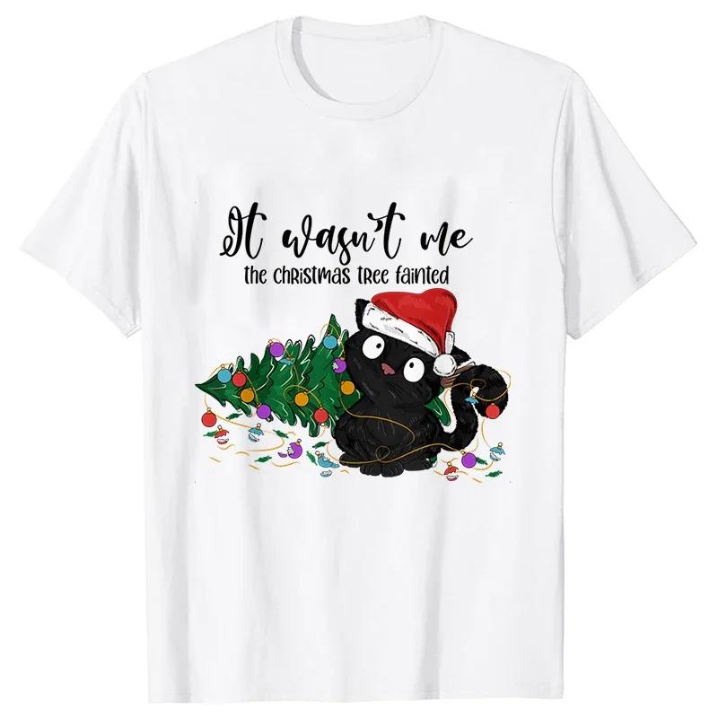It Wasn's Me Christmas Cat Women's Clothing Christmas Tree Casual Fashion Aesthetics Short Sleeve T-shirt Cartoon Women's T-shirt