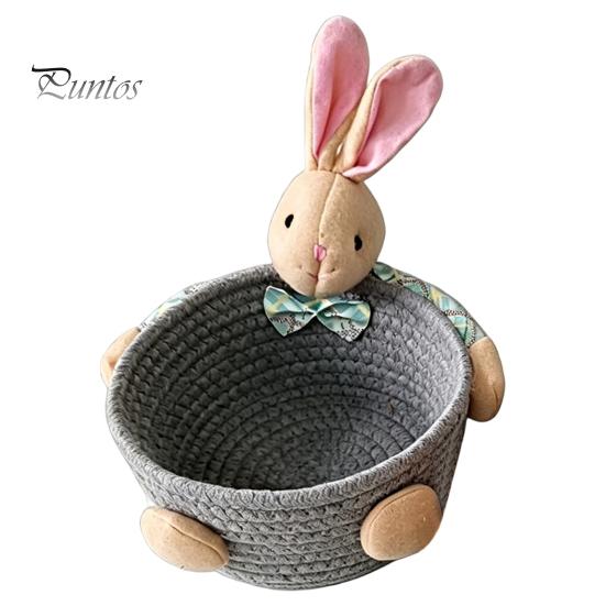 Gentle Color Storage Basket Desktop Basket, Cartoon Plush Bear And Rabbit Rope Decorative Plaid Bow Organizer Shape, Woven for Small Items Jewelry