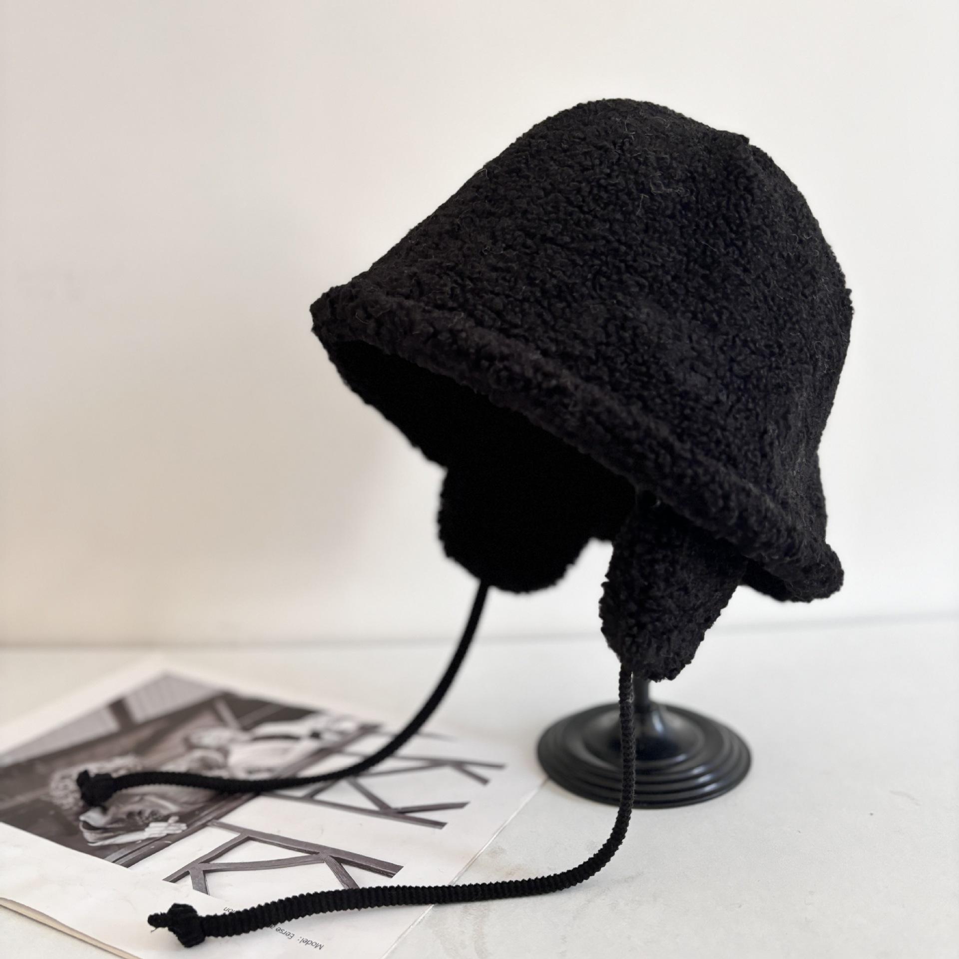 

Autumn and winter thickened warm plush ear protection hat casual fisherman basin hat trendy simple lamb wool Lei Feng hat children M（56-58cm） чорний