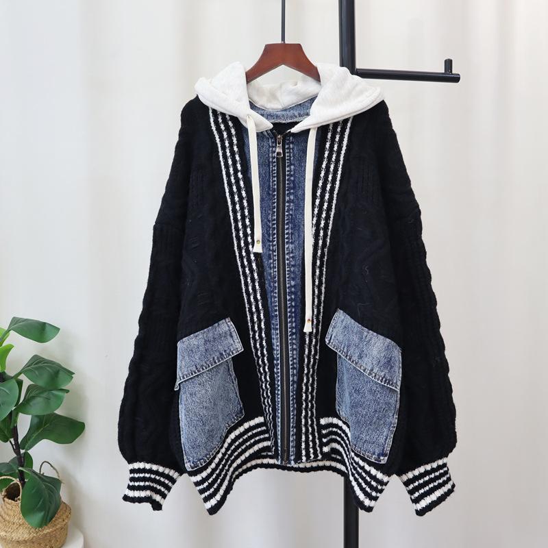 Autumn and Winter New Hooded Splicing Denim Zipper Knitted Cardigan Thickened Loose Design Sweater Jacket Women