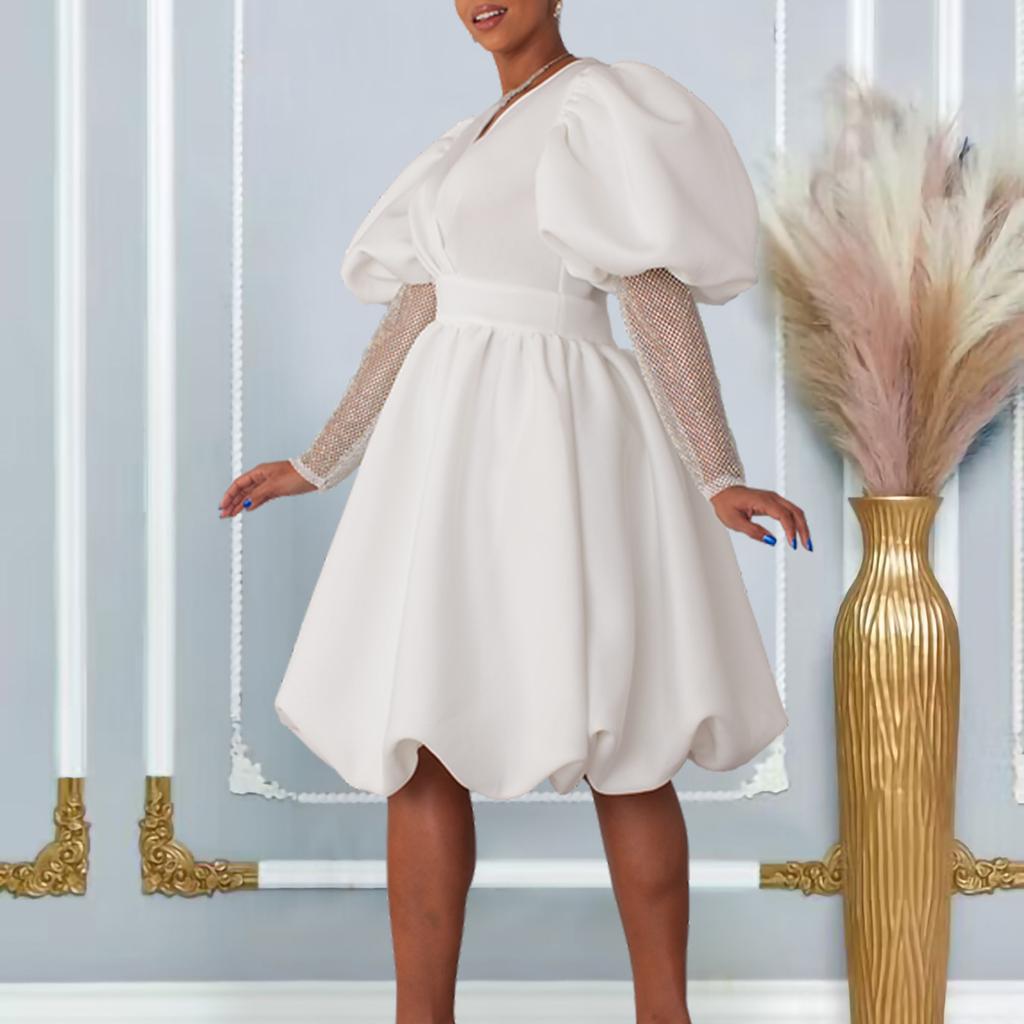 D495 Women's V-Neck Pendulum Bubble Sleeve Banquet Dress Bridesmaid Dress
