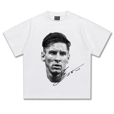 Lionel Messi Black & White Portrait Signature T-Shirt, Unisex Soccer Fan Vintage Oversized Cotton Streetwear Tee
