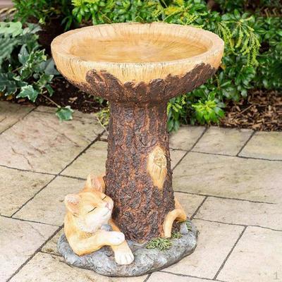 Băi pentru păsări de exterior Bol de baie din rășină cu piedestal Sculptură ornamentale cu trunchi de pisică