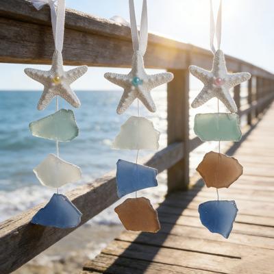 3Pcs Seaglass Hanging Decoration Handmade Bohemian Coastal Nautical Starfish Sea Glass Art Home Office Beach House Wall Ornament Pendant