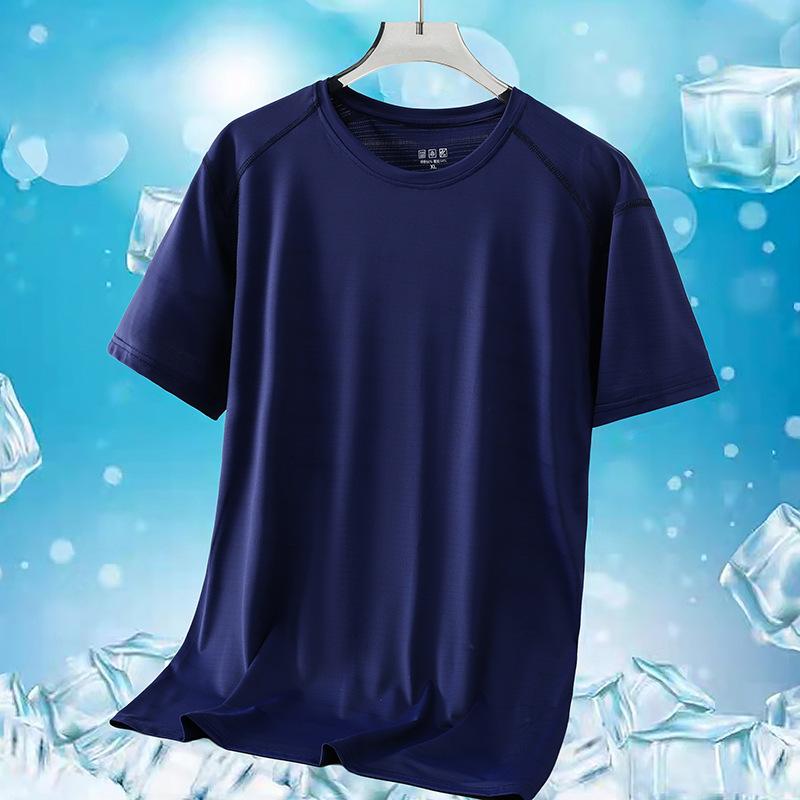 Camiseta masculina de verão com gola redonda, plus size, seda gelada, esportes ao ar livre e lazer, secagem rápida, manga curta, cor sólida