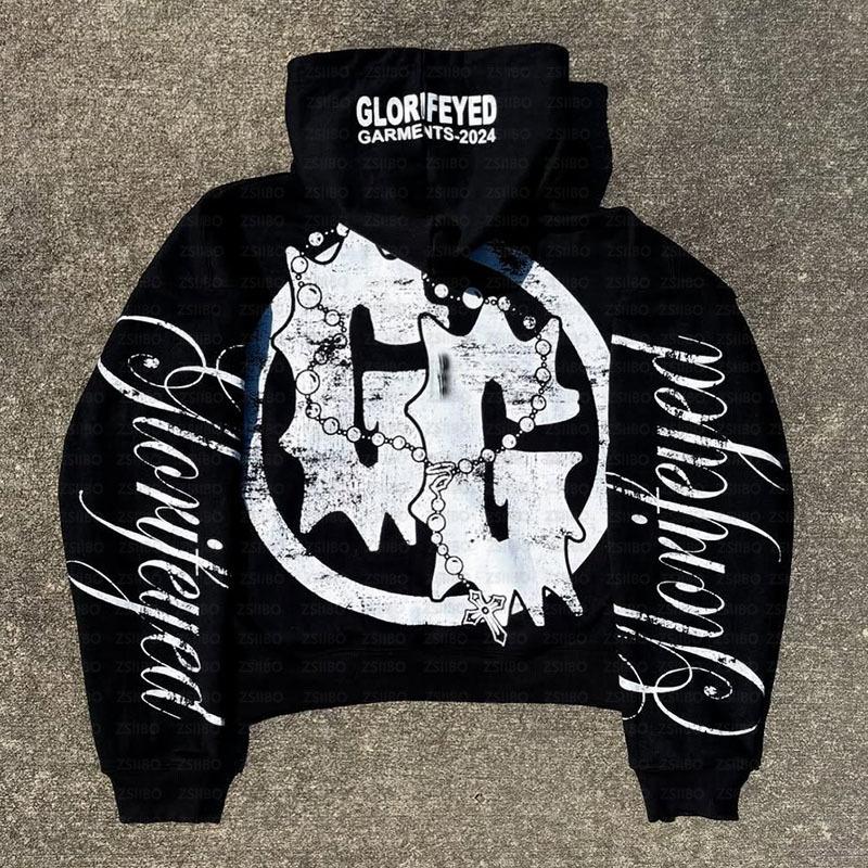 Y2K Letter Pattern Zipper Print Autumn Long Sleeved Retro Street Hoodie