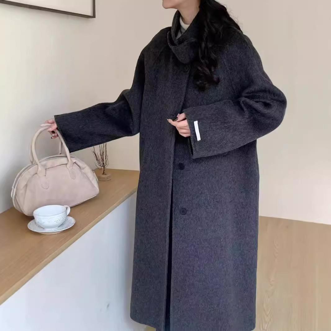 

Нове осінньо-зимове двостороннє вовняне пальто Довге вільне повсякденне вовняне пальто в корейському стилі M