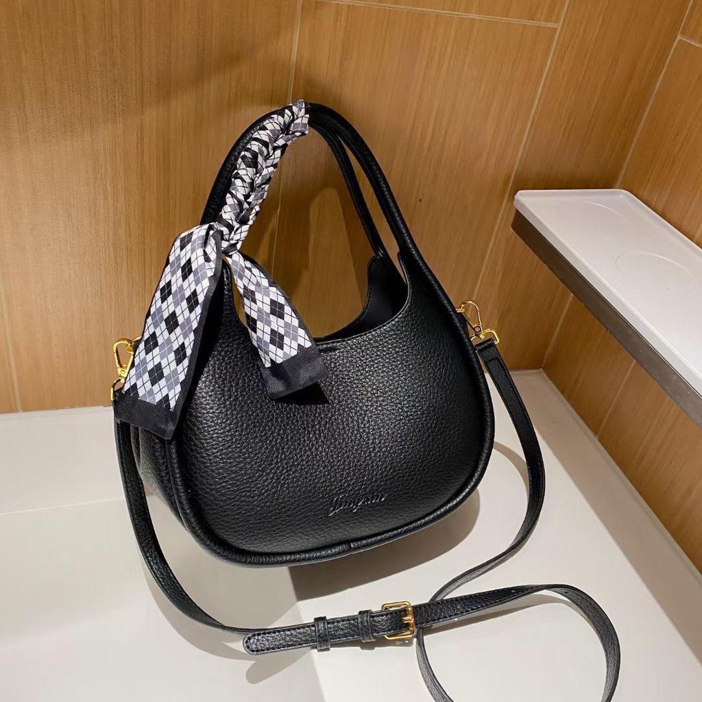 Women's Round Textured Silk Scarf Handbag - 2025 Soft Leather Crescent Style, Fashion Lychee Grain Shoulder Bag