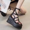 Fashion 10CM Genuine Leather Women Summer Weave Shoes Mules Shoes Punk Ankle Booties Sandals Platform Wedge Platform Wedge Hollow ZIP
