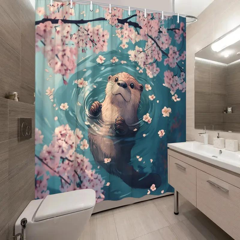 

~O~1pc Otter & Cherry Blossoms Shower Curtain - Turquoise Pond, Floating Petals, Cute Otter, Pastel Colors,Washable Polyester W90XH180cm