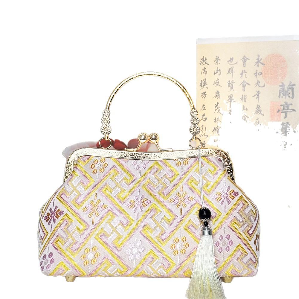 Frame Handbag for Women, Ethnic Woven Pattern Kiss Lock Purse with Tassel Decor
