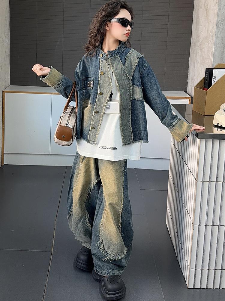 2025 Girls' Autumn Streetwear Outfit: Distressed Denim Jacket & Scimitar Pants Set