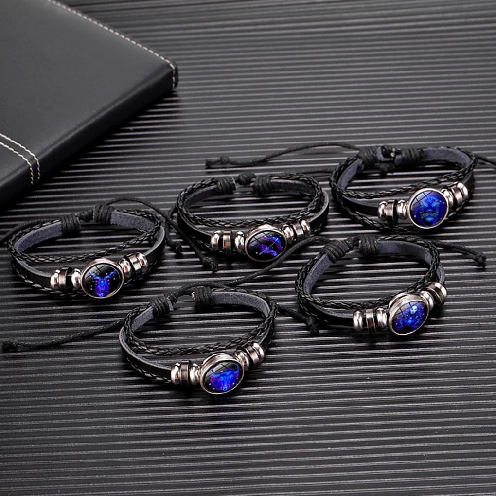 Bracelet 12 Zodiac Signs Bangle Black Punk Luminous Handmade Adjustable Fashion Charm Multi-layer Wristband Birthday Gifts