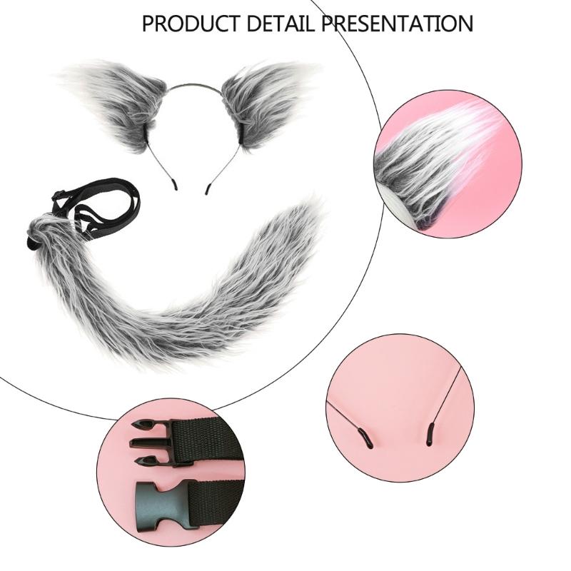 Wolf Tail Adjustable Belt Foxes Ears Hairband Plush Animal Tail Halloween Cosplay Accessories for Carnivals Parties