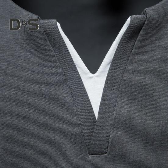 Top de vară pentru bărbați, cu decolteu în V, mâneci scurte, de culoare solidă, pulover moale, respirabil, elastic, fals, din două piese, de dimensiuni mari, tricou casual de lungime medie